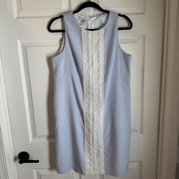 Maggy London Dresses & Skirts - Maggy London‎ Sleeveless Blue Seersucker Shift Dress Lace Detail Size 12 Coastal